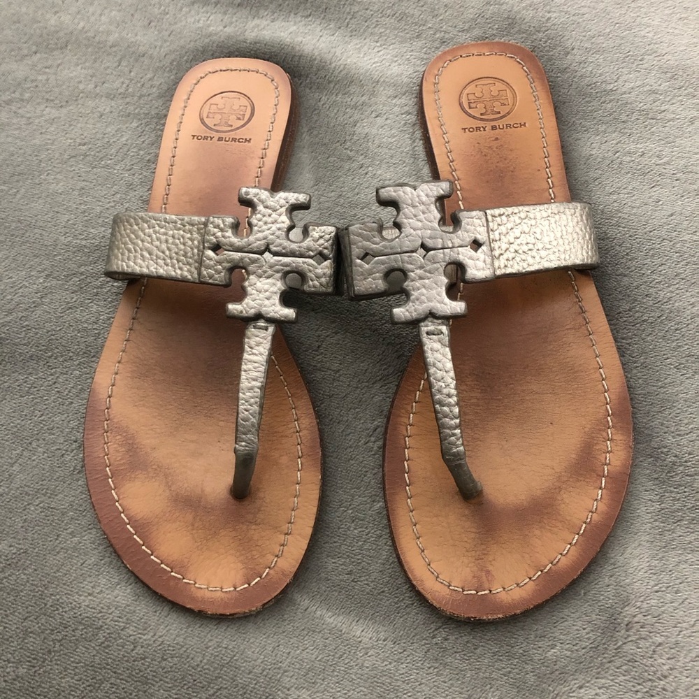 Tory Burch Silver Moore Leather Size 8.5 Sandals